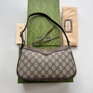 Gucci Beige GG Canvas Shoulder Bag with Brown Trim and Gold Hardware